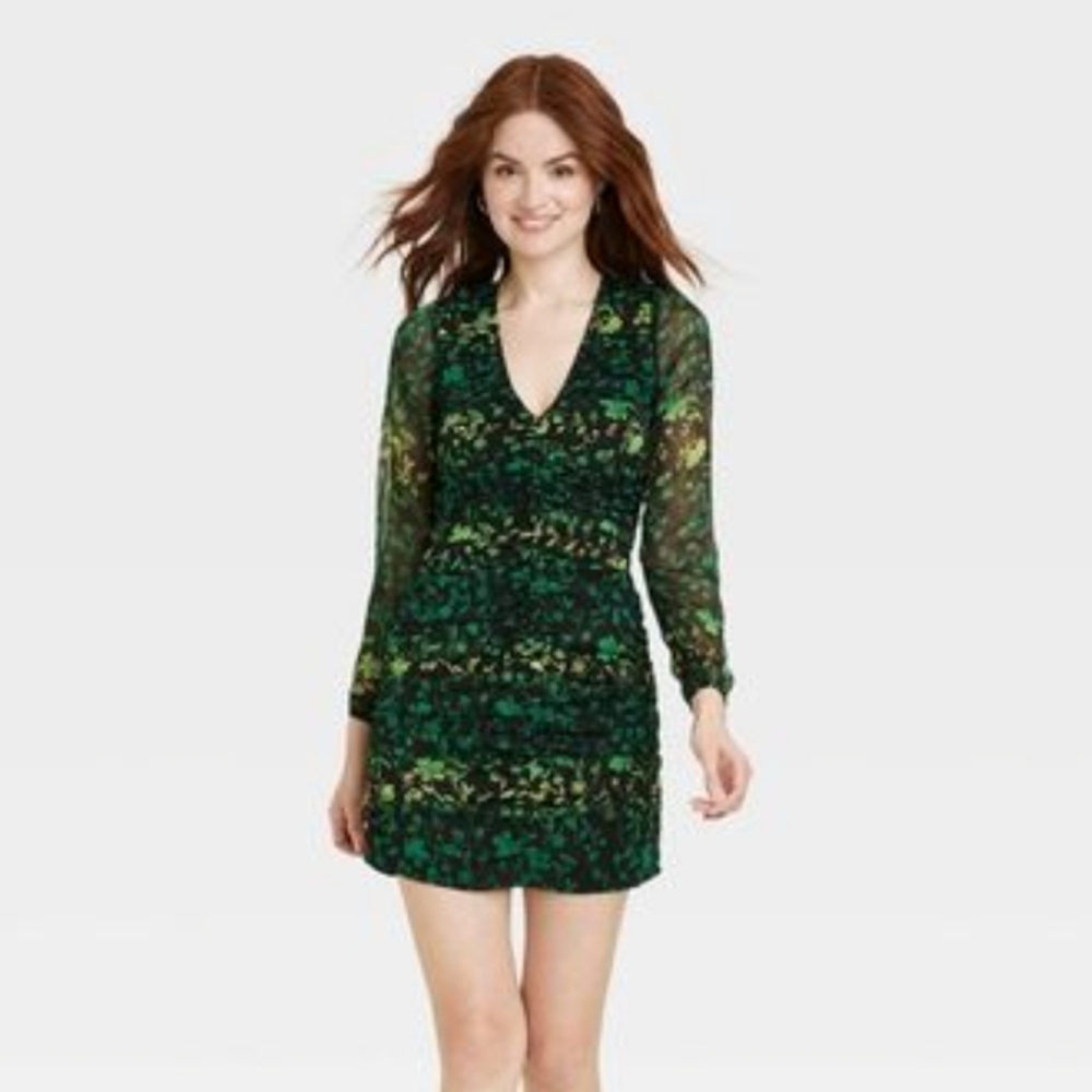 A New Day Black And Green Floral Mini Dress Size Medium New